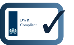deze figuur laat het "stempel" zien dat wordt verleend als compliancy aan het DWR toetsingskader is vastgesteld. Het "stempel bestaat uit een vierkant met daarin het rijkslogo, de tekst "DWR Compliant" en een grote zgn. "tjap"